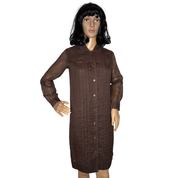 Vintage 1970s Brown sheer Western Shirt Dress Button Front Midi Duster” small - Picture 2 of 16